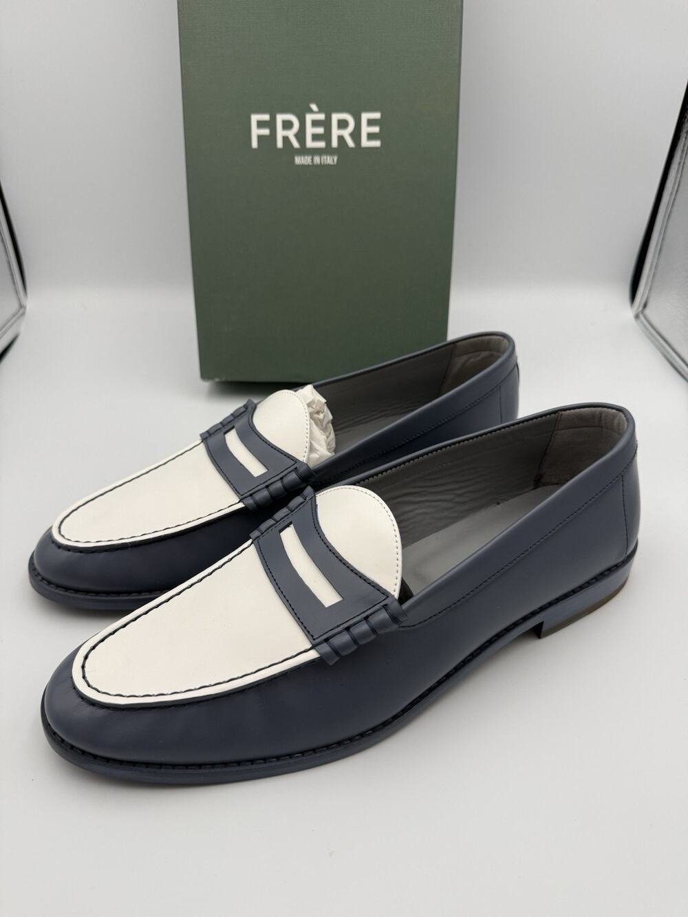 NIB FRERE Leather Two-Tone Penny Loafers Navy White Made in Italy EU 45 US 12